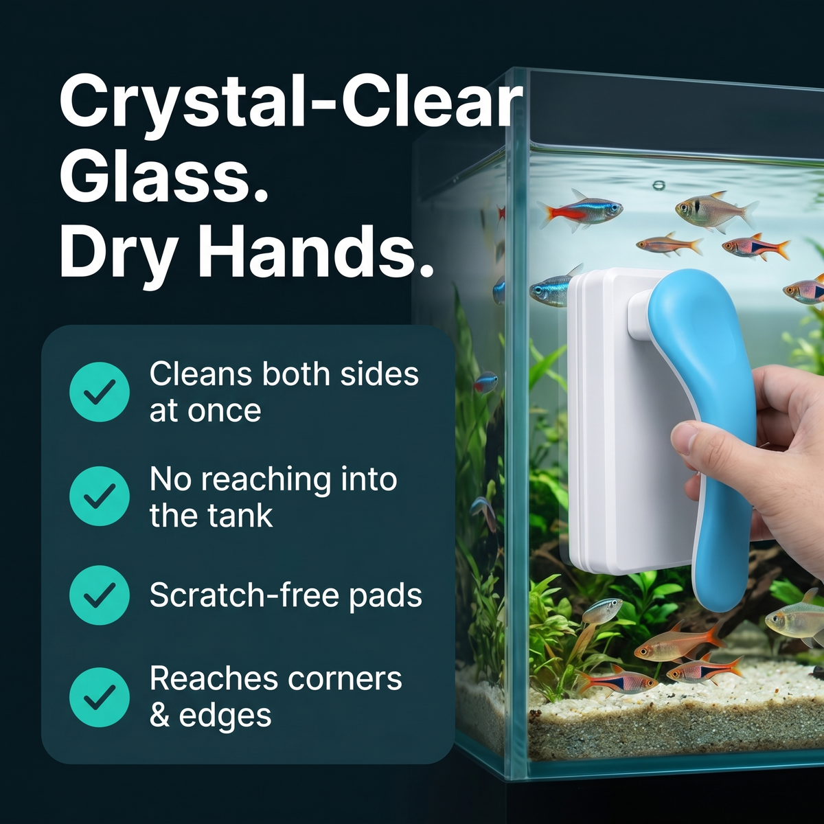 Magnetic aquarium glass cleaner in use - cleans both sides, no wet hands
