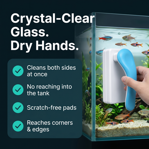 Magnetic aquarium glass cleaner in use - cleans both sides, no wet hands