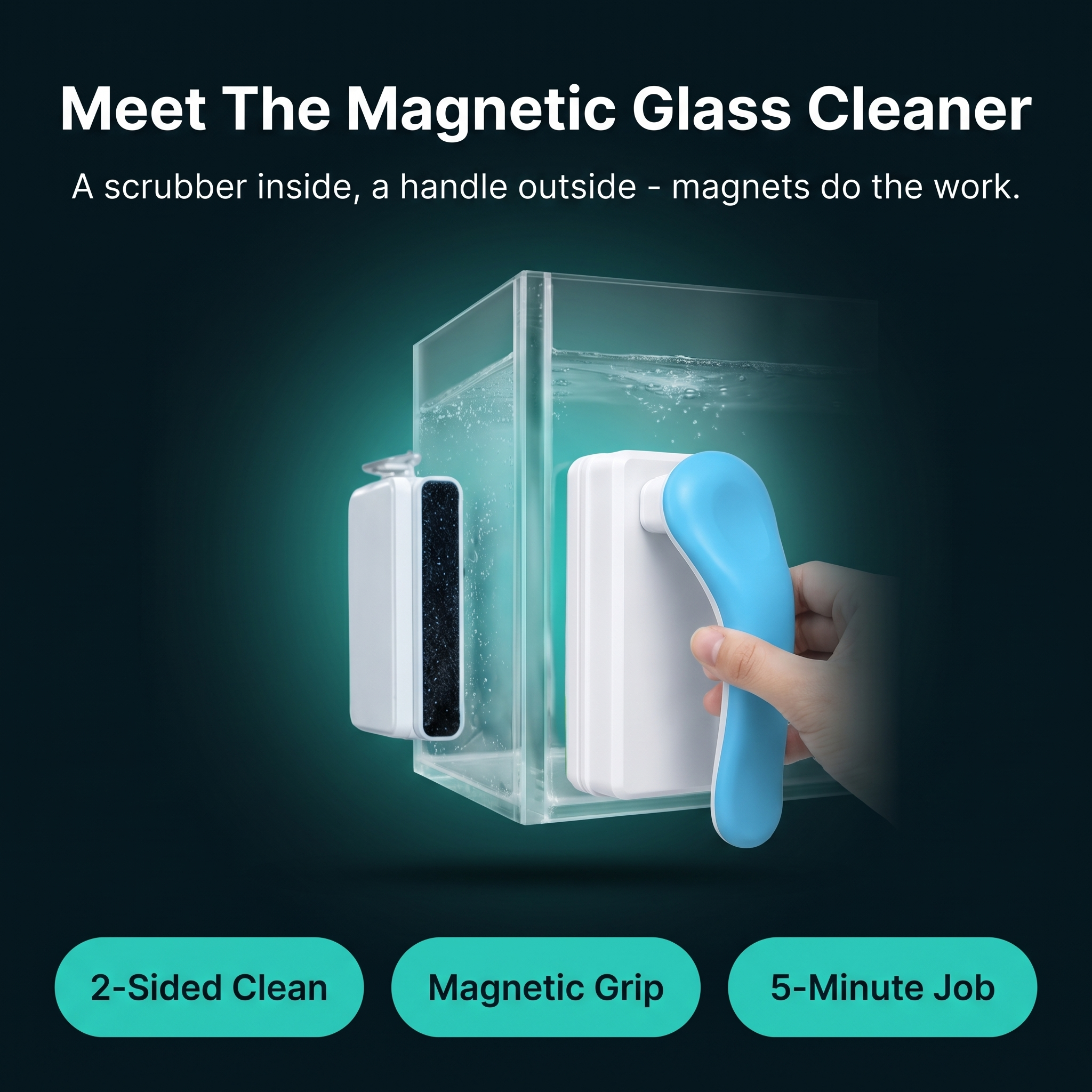 Magnetic aquarium glass cleaner product overview with benefit highlights